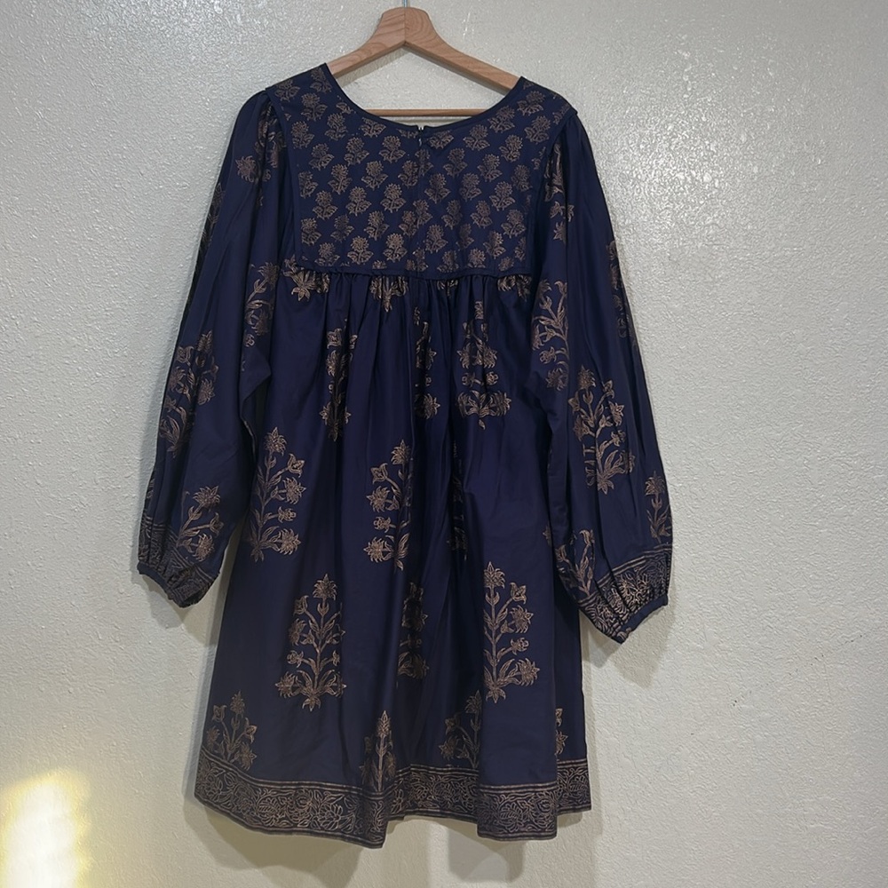 SZ BLOCKPRINTS WOMEN KITTY MIDI DRESS NAVY FLORAL Sz LG - Picture 2 of 11